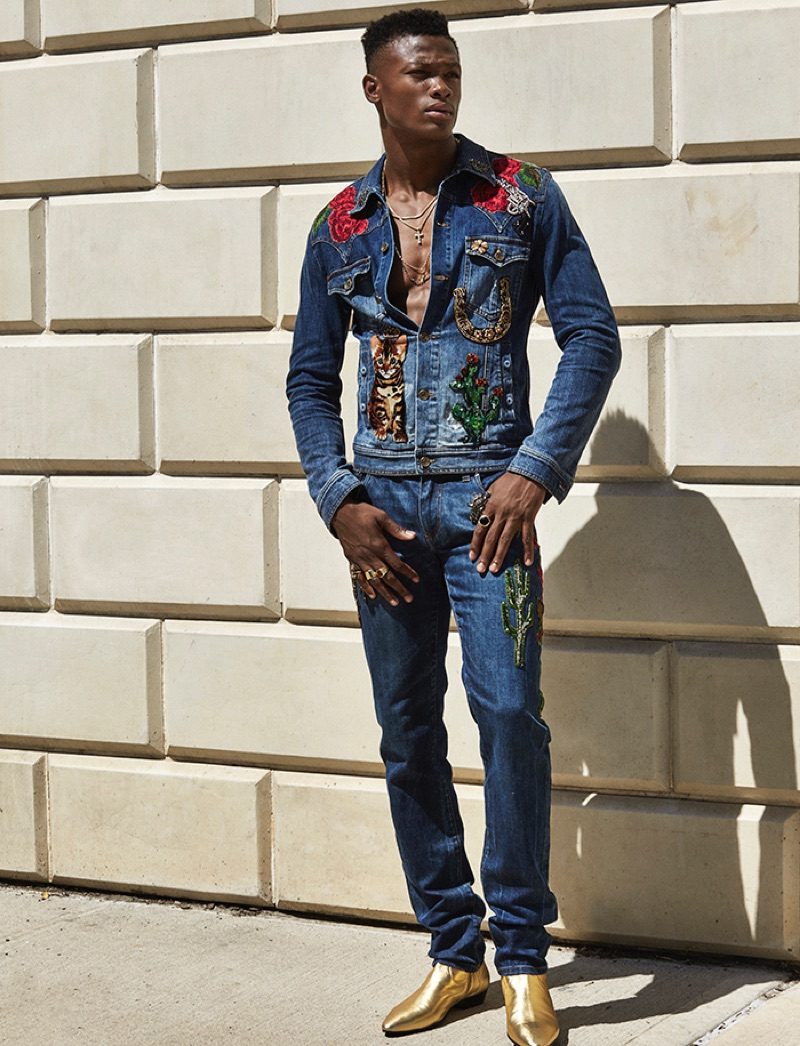 Doubling down on denim, Brandon Harris wears statement pieces from Dolce & Gabbana.