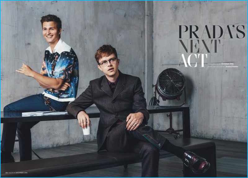 Ansel Elgort and Dane DeHaan wear Prada for the December 2016 issue of British GQ.