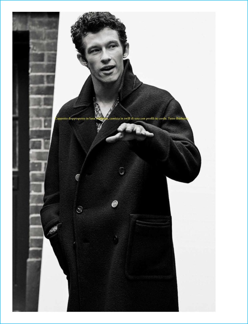 Actor Callum Turner dons a double-breasted coat from Burberry for GQ Italia.