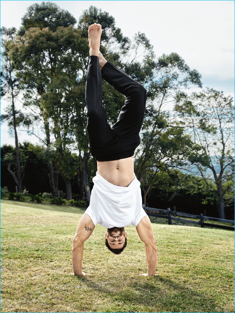 Doug Inglish photographs Chris Hemsworth doing a handstand for GQ Australia.