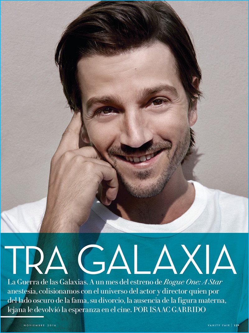 Going casual, Diego Luna sports an Alexander Wang t-shirt for the pages of Vanity Fair México.