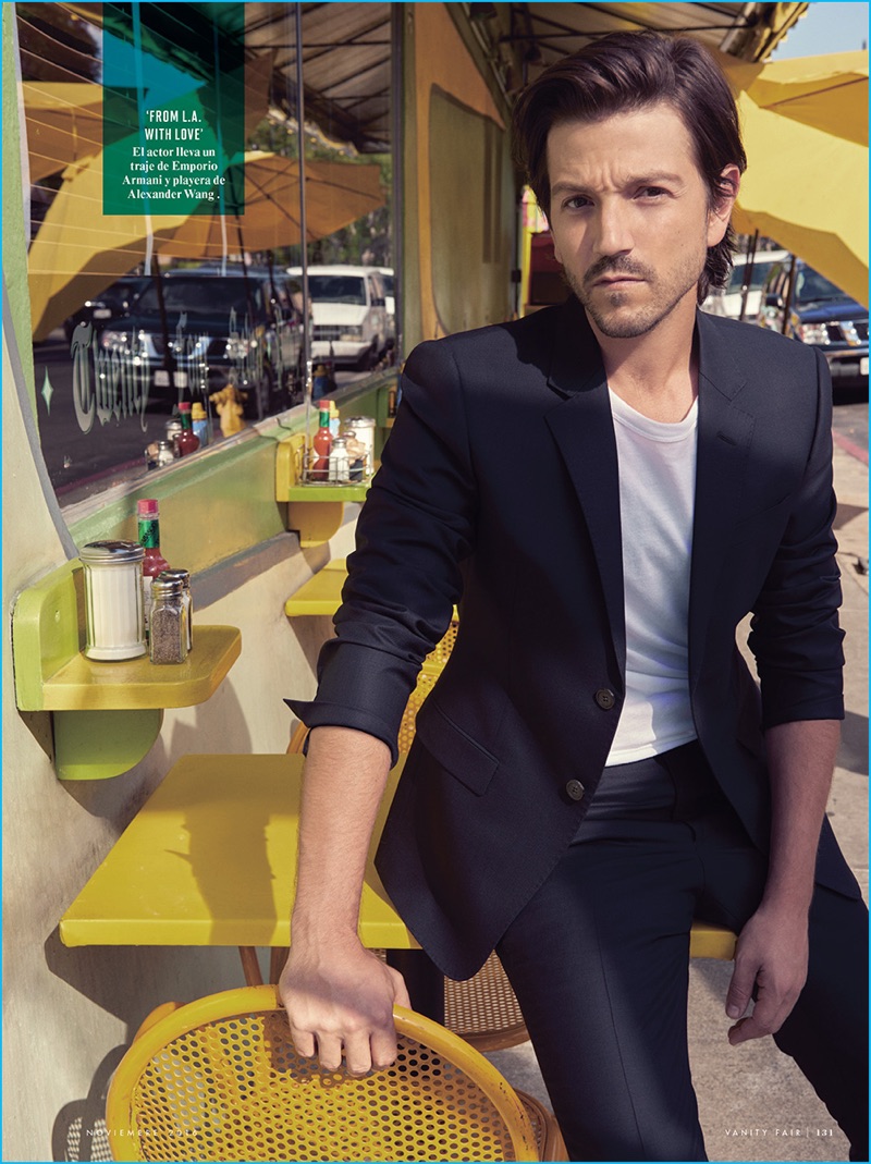 Kelly McCabe outfits Diego Luna in an Emporio Armani suit and Alexander Wang t-shirt for Vanity Fair México.