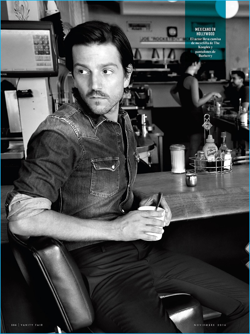 Yu Tsai photographs Diego Luna in a denim shirt from The Kooples with Burberry trousers.