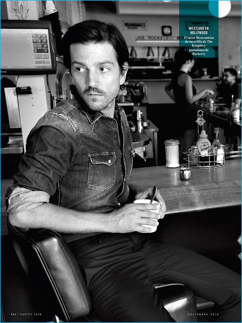 Yu Tsai photographs Diego Luna in a denim shirt from The Kooples with Burberry trousers. » Diego Luna Covers Vanity Fair México, Talks 'Rogue One: A Star Wars Story' Yu Tsai photographs Diego Luna in a denim shirt from The Kooples with Burberry trousers.