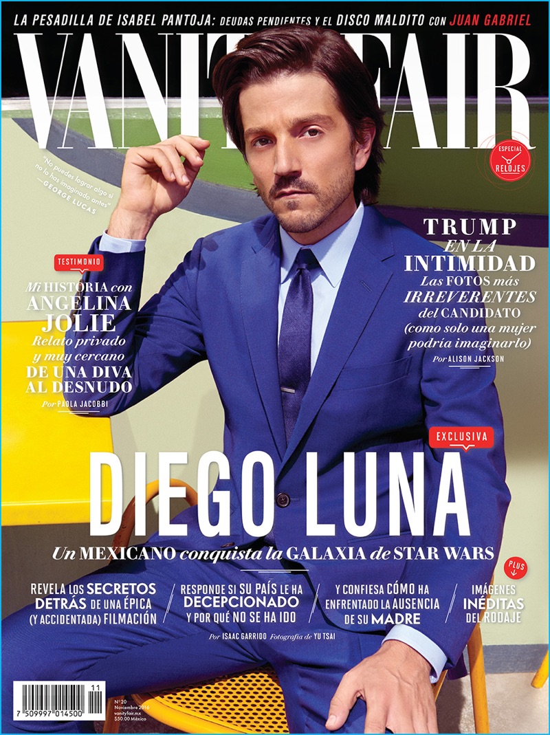 Diego Luna dons a royal blue suit for the November 2016 cover of Vanity Fair México.