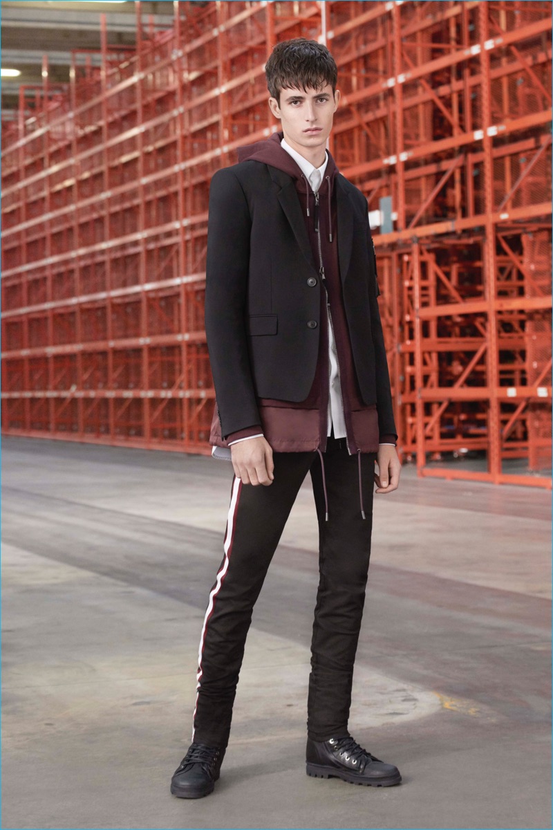 Diesel Black Gold goes sporty, juxtaposing a trim sport coat with a full-zip hooded sweatshirt. » Diesel Black Gold Goes Sporty for Pre-Fall '17 Collection Diesel Black Gold goes sporty, juxtaposing a trim sport coat with a full-zip hooded sweatshirt.