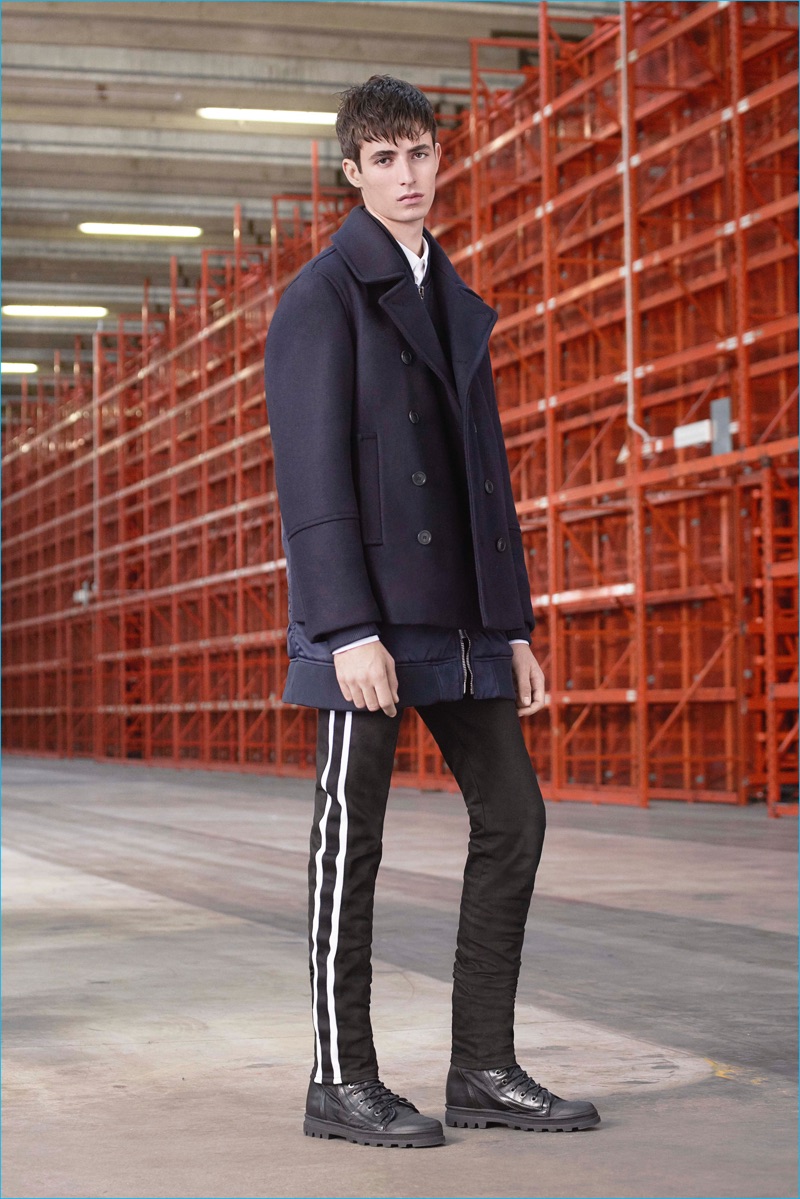 Classics such as the navy peacoat appear alongside a reinterpretation on track pants.