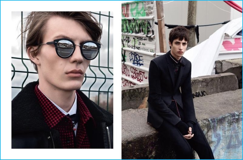 Left: Finnlay Davis rocks cool Dior Homme shades with a fall look. Right: Oscar Kindelan dons tailoring by the French fashion house.