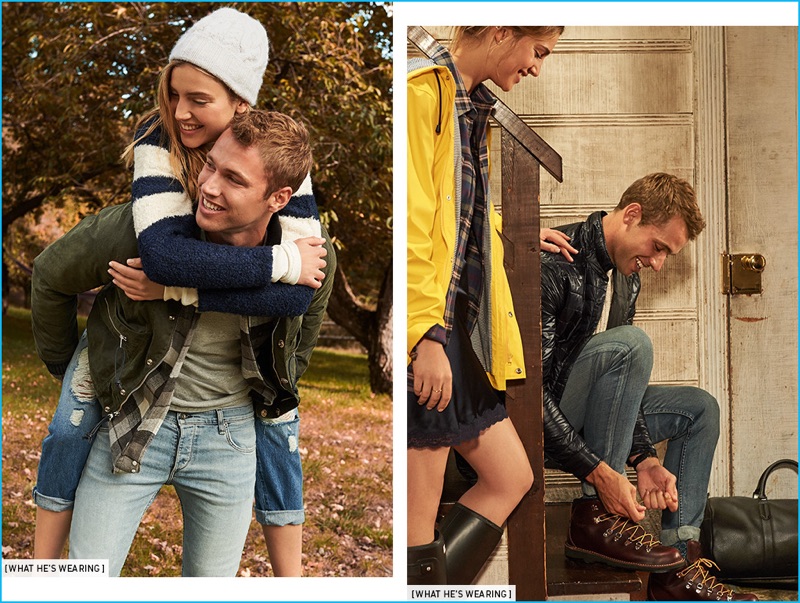 Left: Kacey Carrig is all smiles in an Officine Generale plaid shirt and Velva Sheen pocket tee. The American model also sports a Monitaly waxed cotton jacket and Rag & Bone Standard Issue fit 2 jeans. Right: Tying his Danner boots, Kacey Carrig wears Rag & Bone Standard Issue fit 2 jeans with an Isaora overshirt, Club Monaco cashmere sweater, and Anonymous Ism socks.