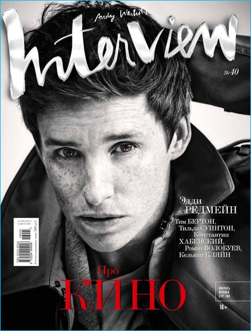 Appearing in a black and white image, Eddie Redmayne covers Interview Russia.