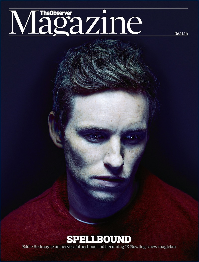 Eddie Redmayne covers The Observer in a Paul Smith cashmere sweater with a Sunspel t-shirt.
