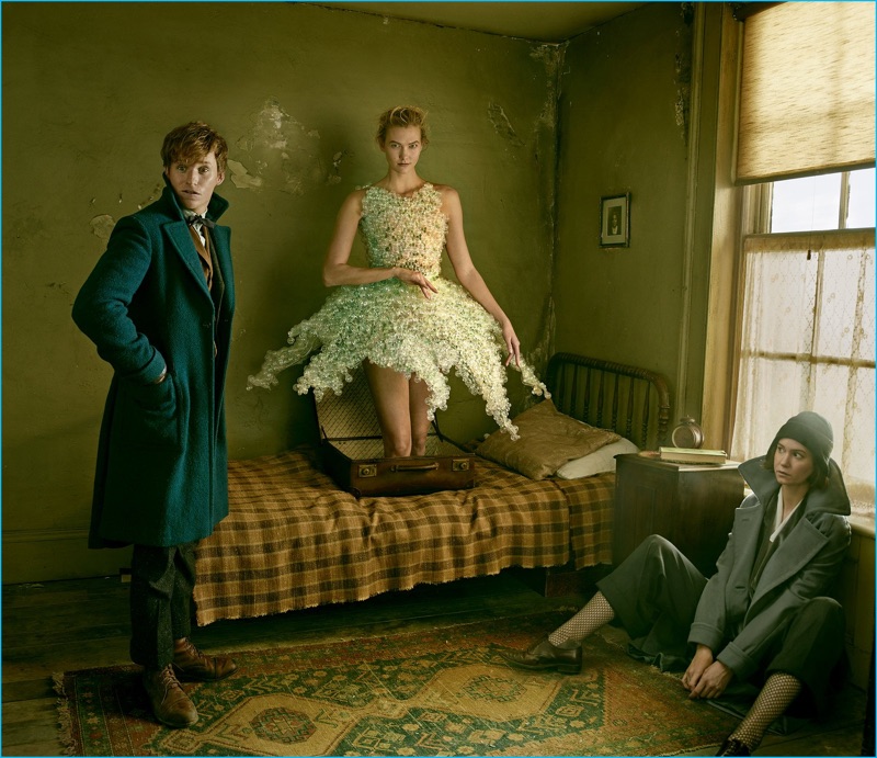 Annie Leibovitz photographs Eddie Redmayne, Karlie Kloss, and Katherine Waterston for Vogue.