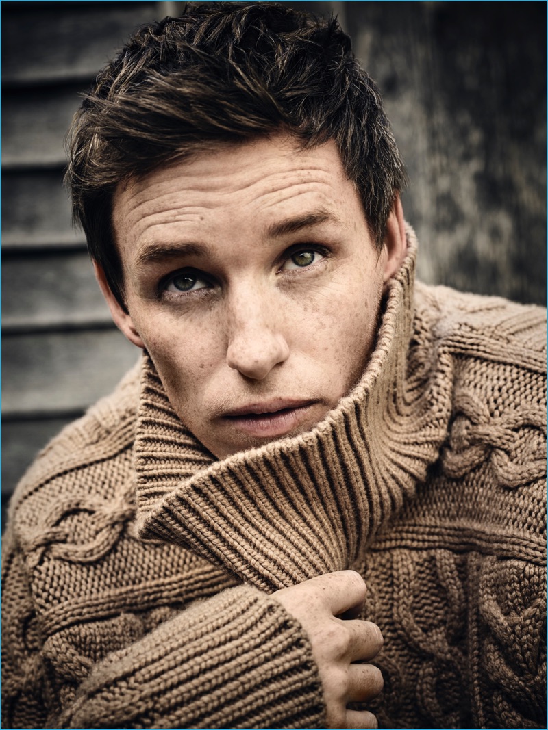 Eddie Redmayne dons a cozy turtleneck sweater for the pages of Rhapsody magazine.