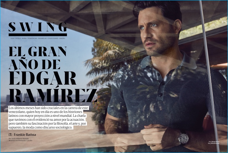 Actor Edgar Ramirez dons a fitted polo from Giorgio Armani with a Cartier watch for GQ Latin America.