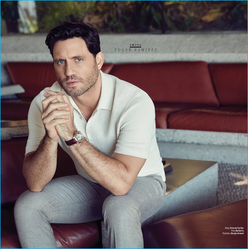 Kelly McCabe outfits Edgar Ramirez in a knit polo by Burberry with Giorgio Armani trousers for GQ Latin America.