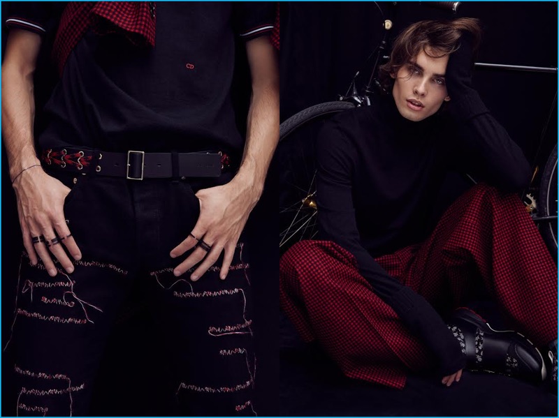 Model Eduard Michalko dons punk-inspired fashions from Parisian brand, Dior Homme.
