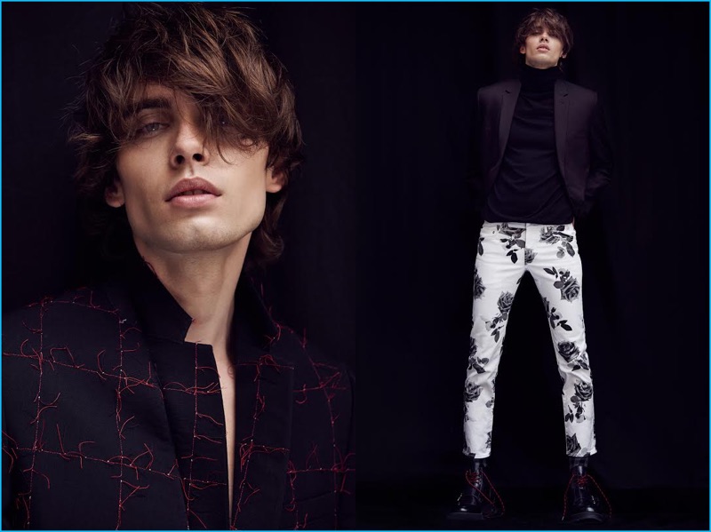 Standing out in fall fashions, Eduard Michalko models Dior Homme for GQ Portugal.