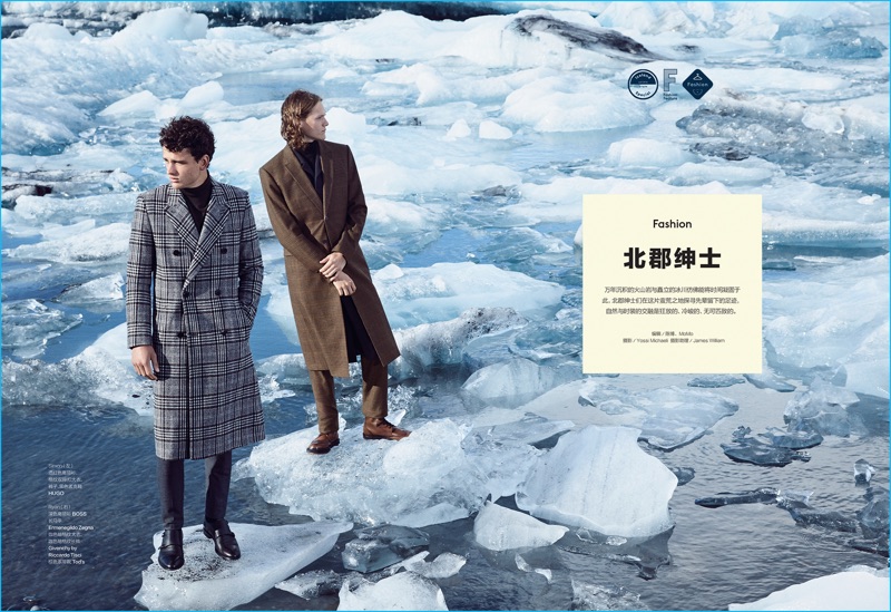 Models Simon Nessman and Ryan Keating take to Iceland in sharp coats for Esquire China.