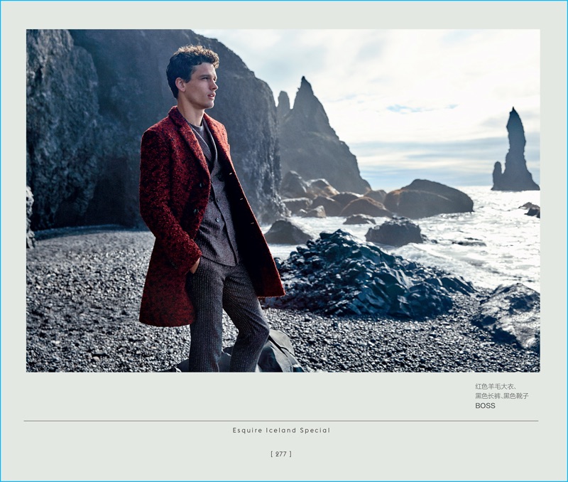 Leading model Simon Nessman sports a red coat by BOSS Hugo Boss.