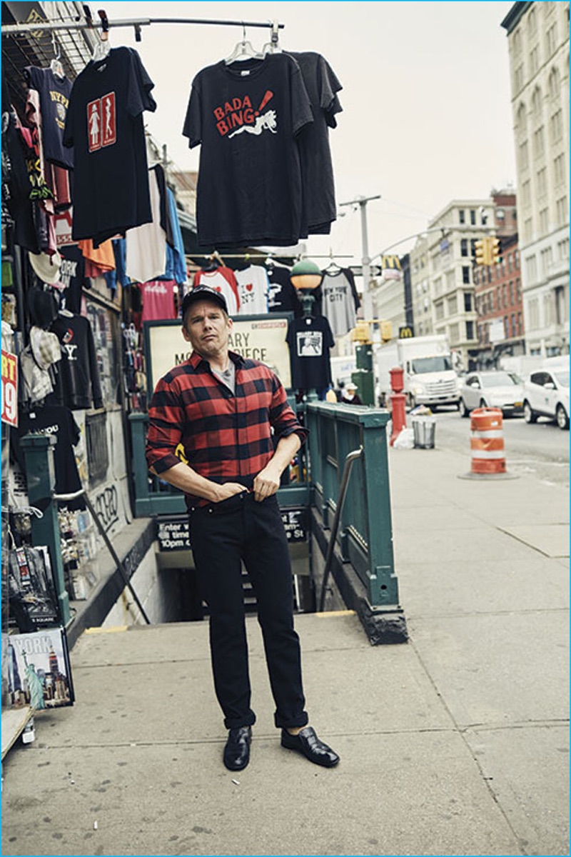 Heading out into the streets of New York, Ethan Hawke wears Dior Homme.