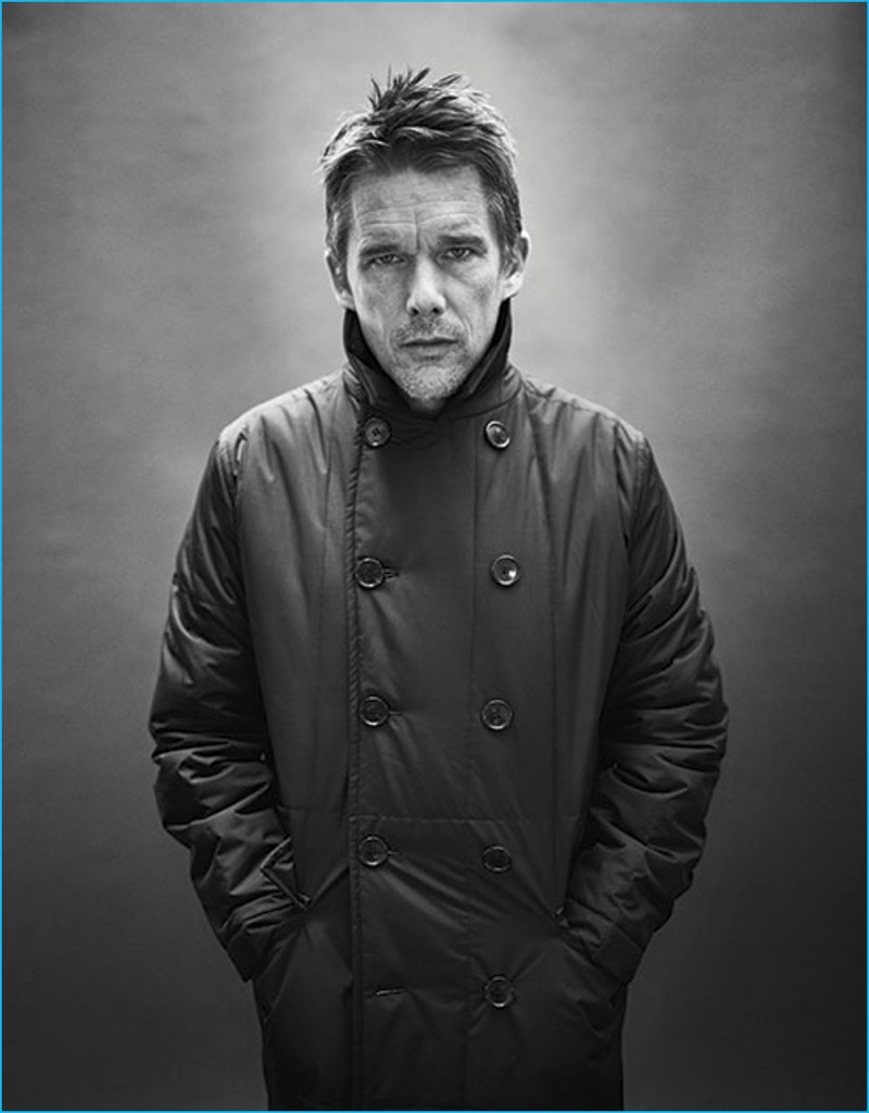 Actor Ethan Hawke sports a quilted peacoat by Dior Homme.