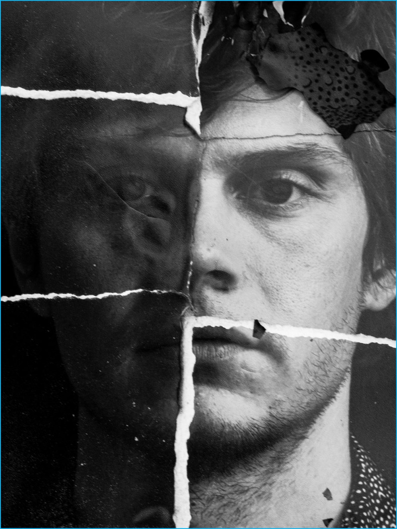 Actor Evan Peters sits for a haunting black & white portrait.