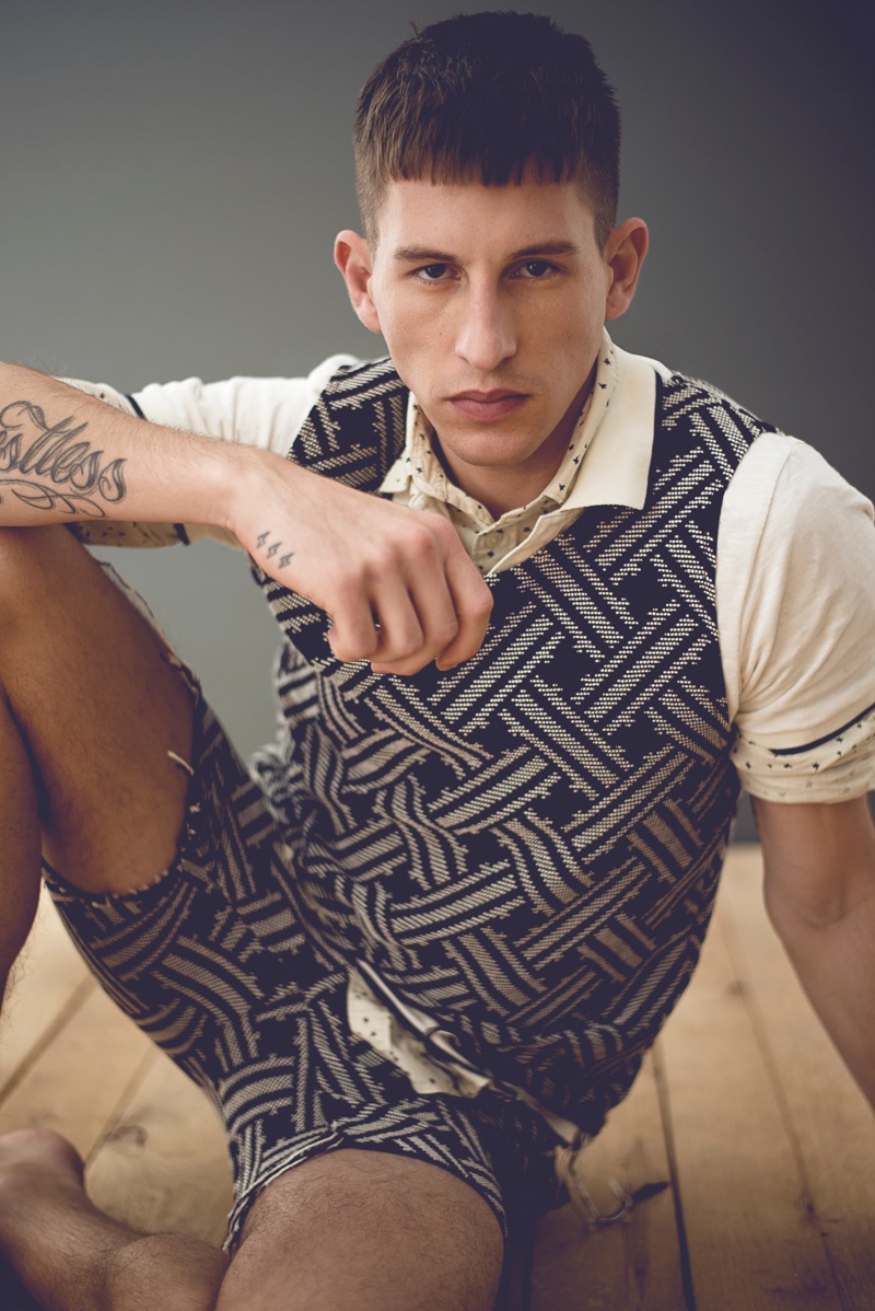 Sporting a coordinated number, Jannik rocks a sleeveless top and shorts by Vladimir Karaleev. Jannik also wears a Selected Homme shirt and Jack & Jones polo.