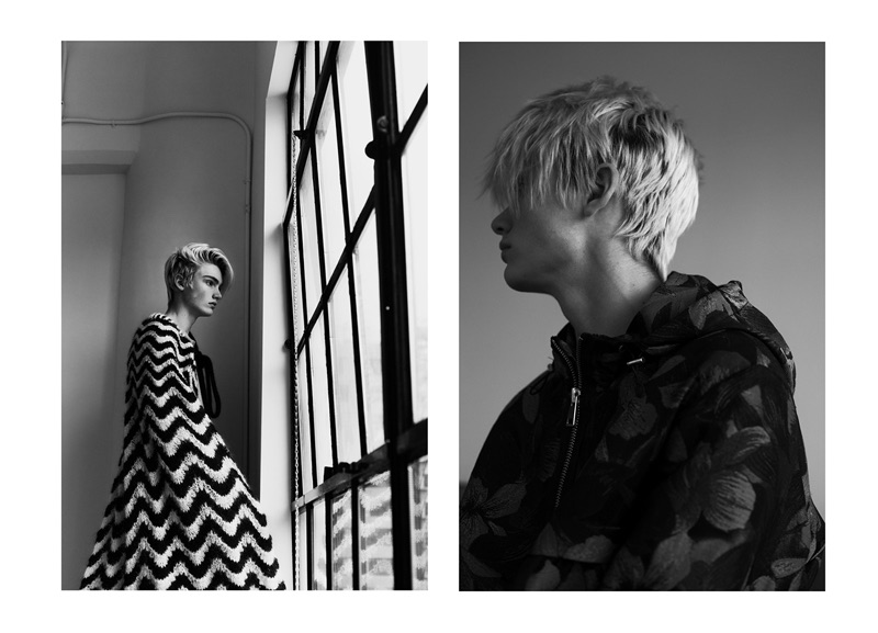 Left: Elijah wears a cape by Maria Dora. Right: Elijah models a Ami windbreaker. 