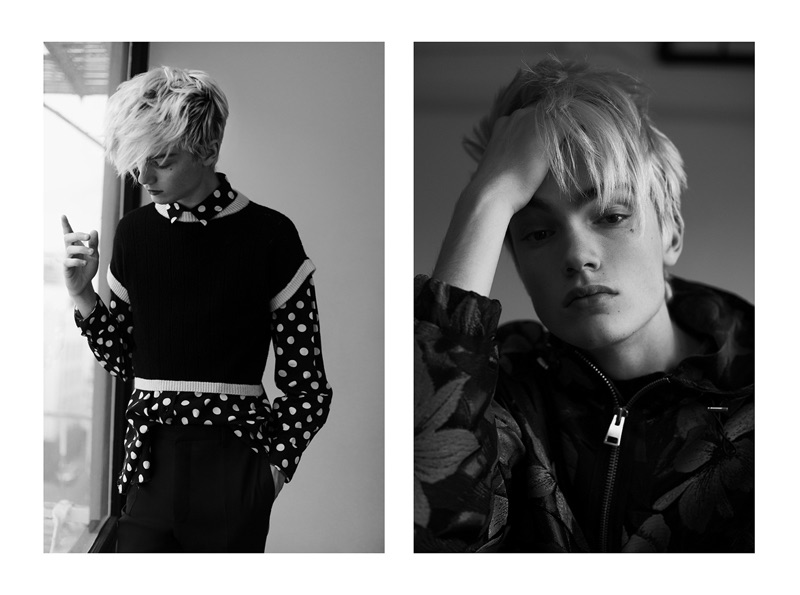 Left: Elijah layers in a polka dot Saint Laurent shirt with a Maria Dora sweater, and Lanvin trousers. Right: Elijah models a patterned windbreaker by Ami.