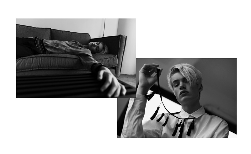 Left: Resting on a couch, Elijah models a Vivienne Westwood top with Rick Owens pants. Right: Front and center, Elijah wears a Comme des Garçons shirt.