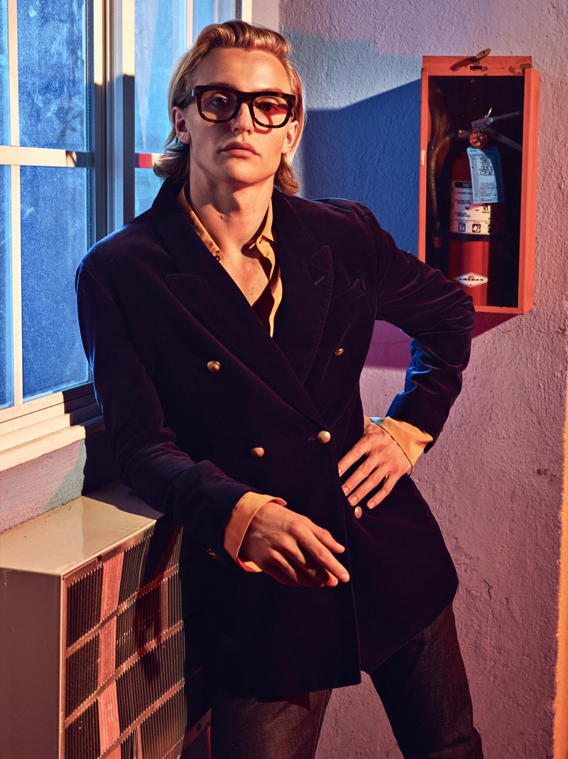 Fashionisto Exclusive: Photographed by Benji Arwas, Hart Denton finds his inner dandy in a double-breasted Jeffrey Rüdes blazer and shirt with RETROSUPERFUTURE glasses. 