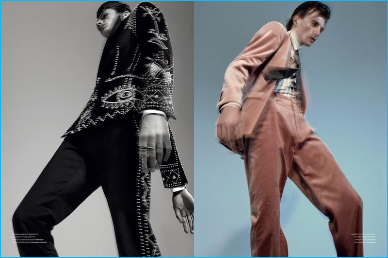 Model Finnlay Davis sports fall suiting from Valentino and Tiger of Sweden.