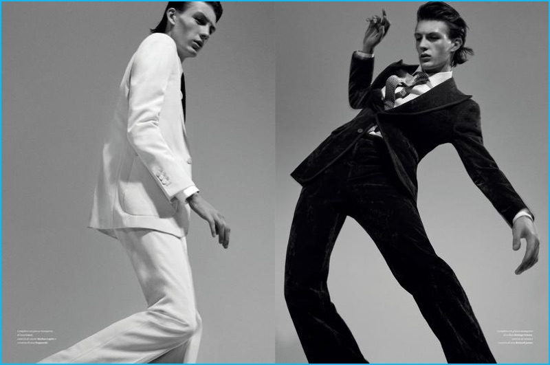 Model Finnlay Davis is dashing in black and white suiting from Gucci and Bottega Veneta.