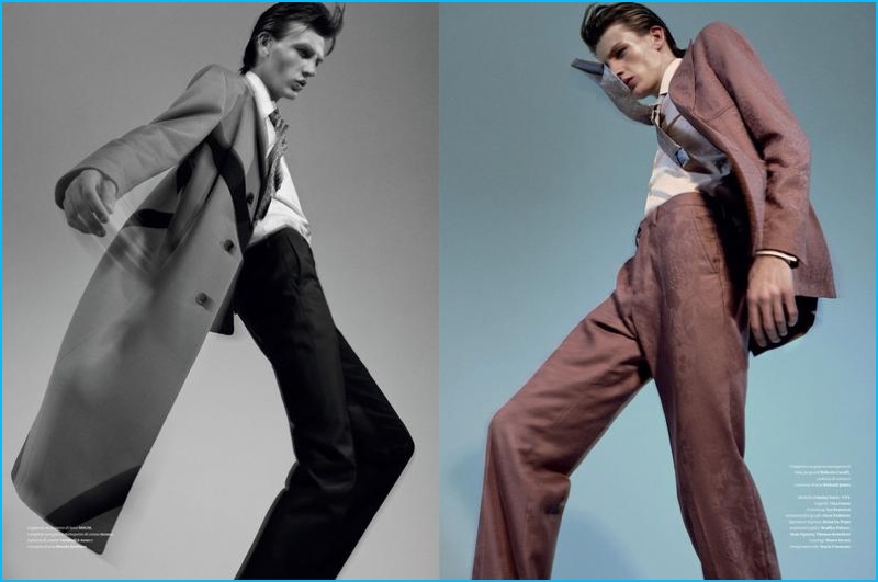Appearing in L'Officiel Hommes, Finnlay Davis models Hermes and Roberto Cavalli.