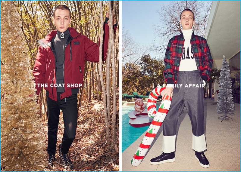Left: Yuri models a red Canada Goose bomber with Coyote fur and a high neck sweater by J.W. Anderson. The model also sports A.P.C. low standard jeans and Givenchy lace-up leather boots. Right: Yuri Pleskun dons a plaid varsity jacket in red and green from Opening Ceremony with Loewe fisherman jeans. Coach 1941 shearling leather sneakers and an Off-White Nebraska turtleneck complete his look.