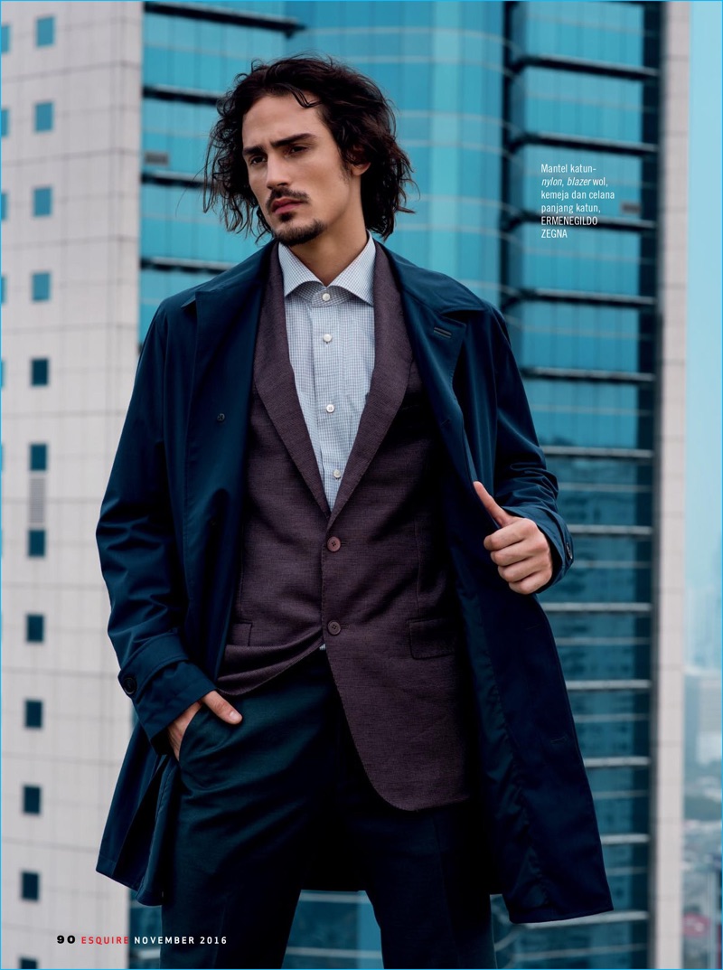 Stepping outdoors, Gustavo Krier wears a fall look from Italian fashion house, Ermenegildo Zegna.