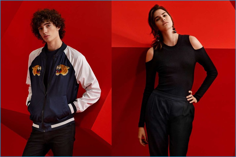 Pictured left, Pietro Mendez wears a baseball jacket with slim-fit black jeans from H&M's Black Friday collection.
