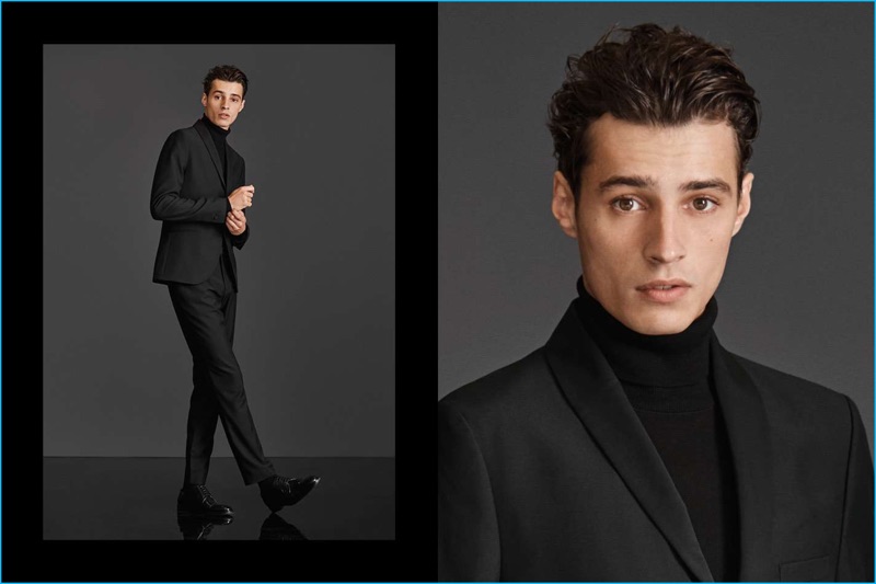 Model Adrien Sahores shows a sleek look in a twill dinner jacket, tuxedo pants, and a merino wool turtleneck sweater from H&M.