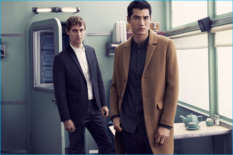 Models Sebastien Andrieu and Hao Yun Xiang don fall-winter 2016 tailoring from H&M.