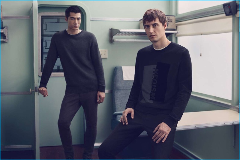 Hao Yun Xiang and Sebastien Andrieu embrace dark hues, showcasing a sweater and sweatshirt from H&M's latest lineup.