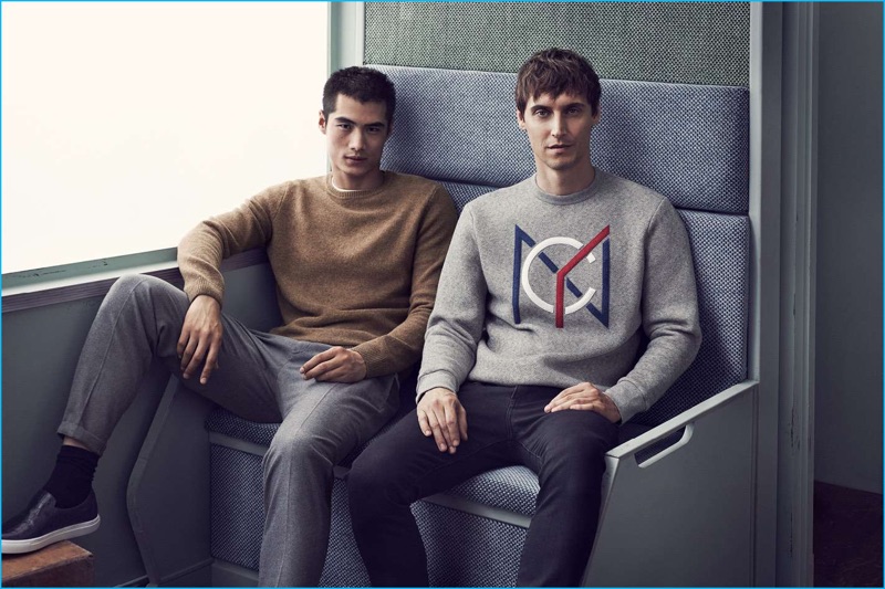 Sitting on a train, Hao Yun Xiang and Sebastien Andrieu embrace smart casual holiday style with H&M.