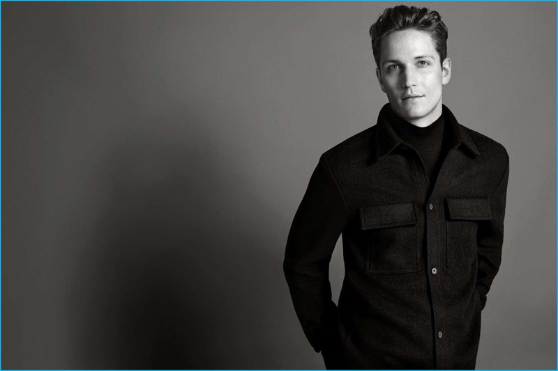 Wearing black on black, Peter Bruder sports a wool-blend shirt jacket and mock turtleneck sweater from H&M.