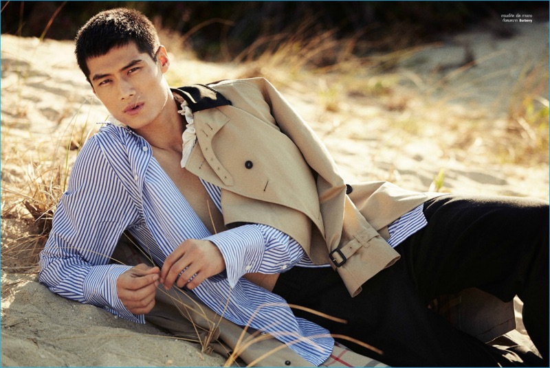 Chinese model Hao Yun Xiang heads to the beach in a fall look from Burberry.