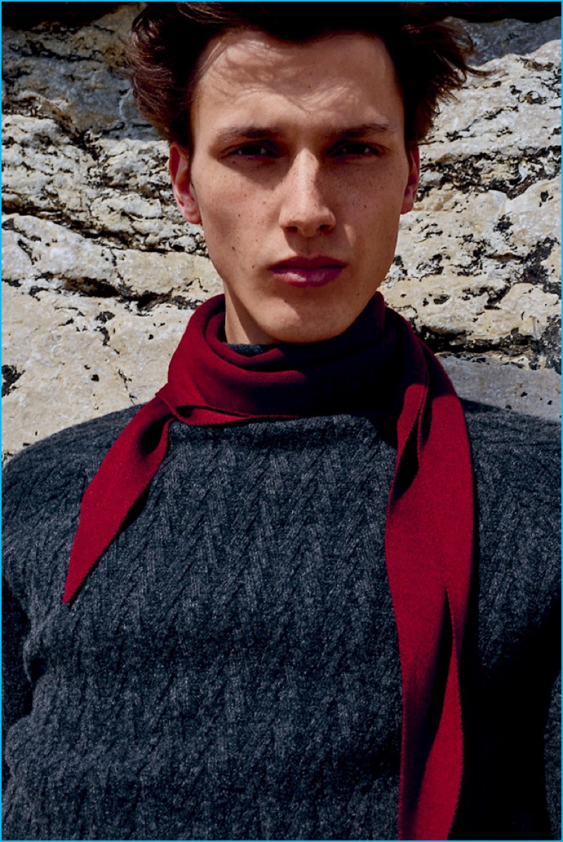 Luca Stascheit is front and center in a Hermès scarf for the fashion house's fall-winter 2016 Cravates lookbook.