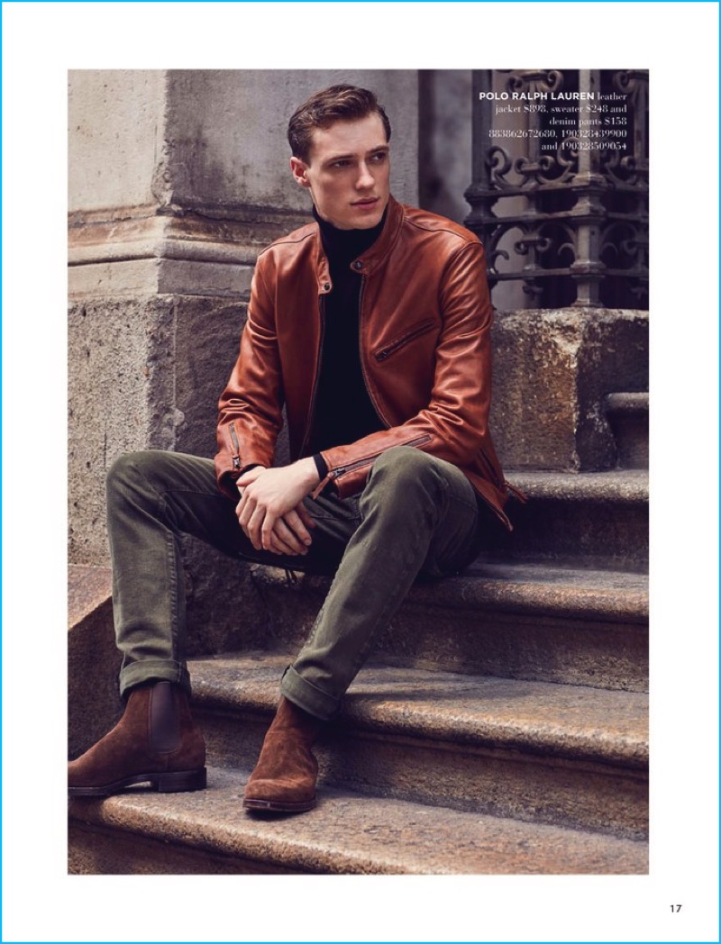 Embracing a refined cool, Tommaso de Benedictis wears a brown leather racer jacket by Polo Ralph Lauren.