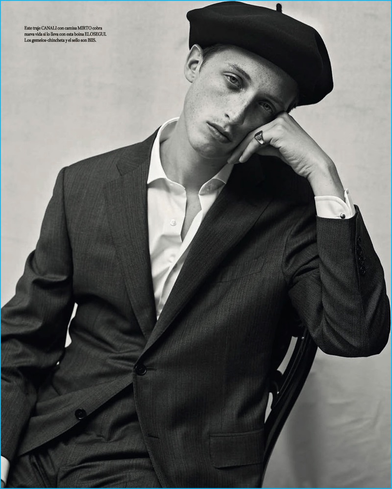 Josie outfits Alexis Maçon Dauxerre in a Canali suit with a Mirto shirt and Elosegui beret.
