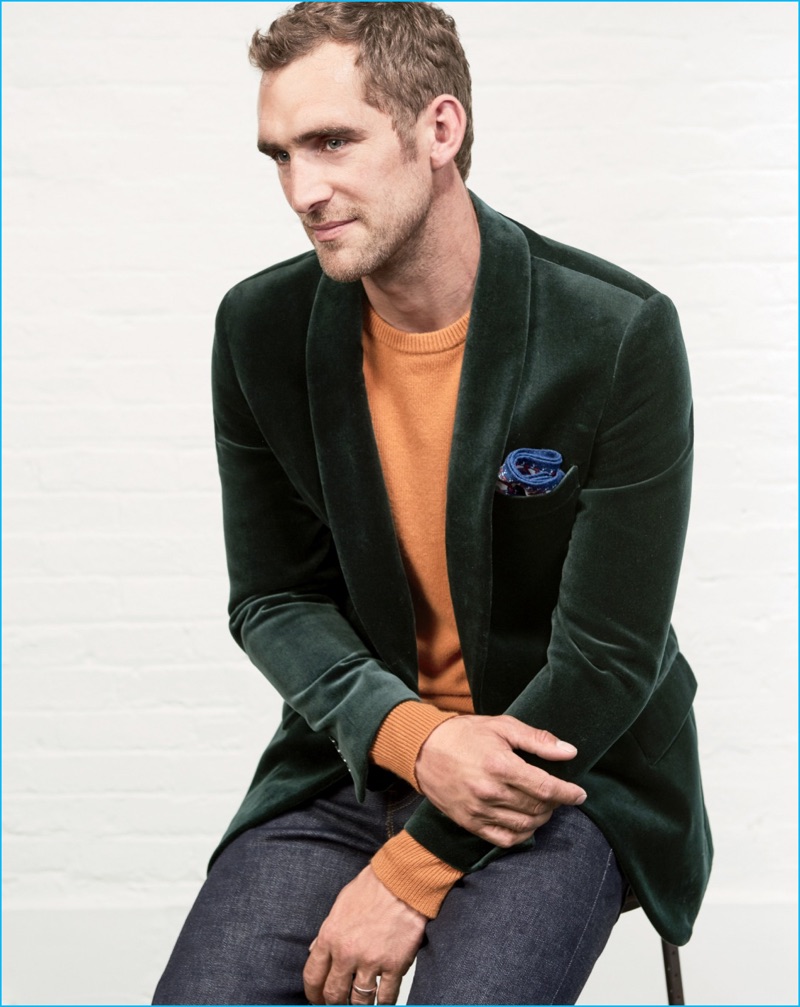 Will Chalker dons a green Ludlow velvet shawl collar blazer from J.Crew.