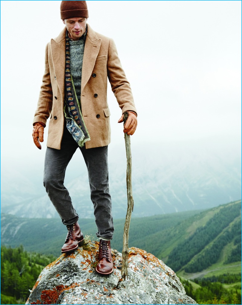 Going hiking, Benjamin Eidem layers with a J.Crew camel peacoat.