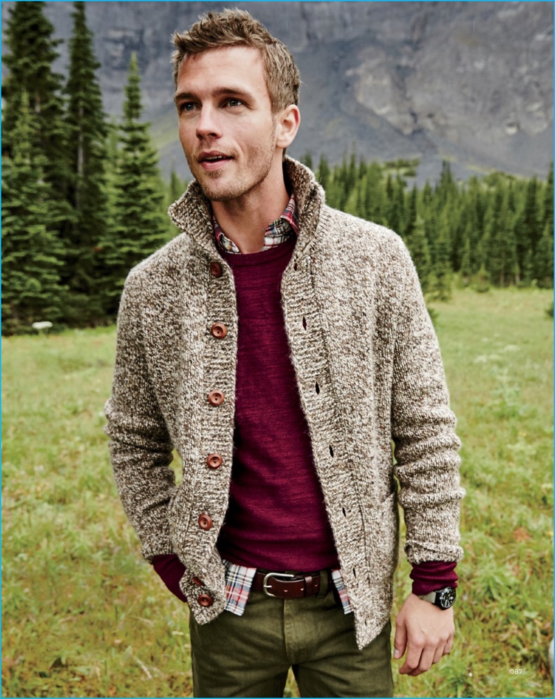 Benjamin Eidem sports a shawl collar cardigan sweater from J.Crew.