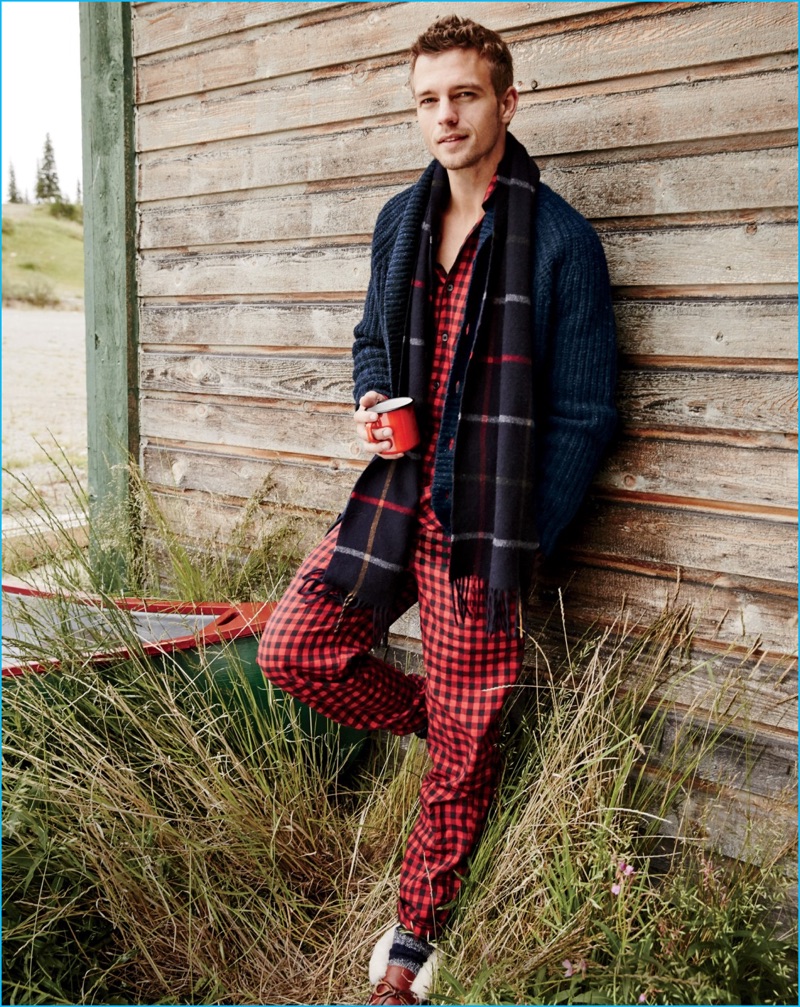 Swedish model Benjamin Eidem goes casual in fleece pajamas from J.Crew.